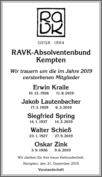 Traueranzeige von Erwin Kraile von Allgäuer Zeitung,Kempten