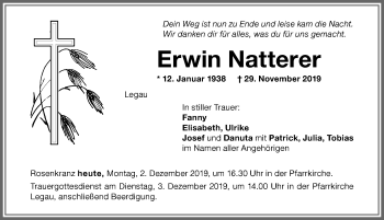 Traueranzeige von Erwin Natterer von Memminger Zeitung