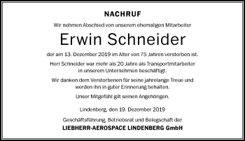 Traueranzeige von Erwin Schneider von Der Westallgäuer