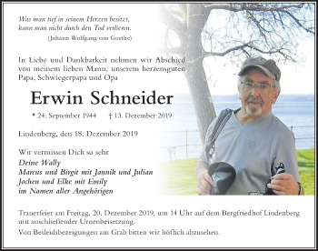 Traueranzeige von Erwin Schneider von Der Westallgäuer