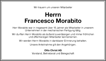 Traueranzeige von Francesco Morabito von Memminger Zeitung