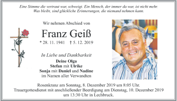 Traueranzeige von Franz Geiß von Allgäuer Zeitung, Füssen