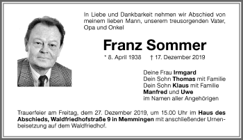 Traueranzeige von Franz Sommer von Memminger Zeitung