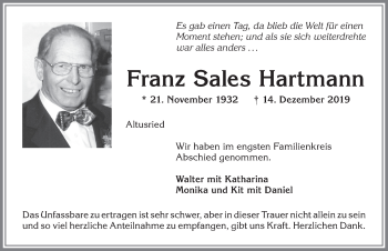 Traueranzeige von Franz Sales Hartmann von Allgäuer Zeitung,Kempten