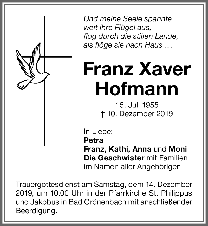  Traueranzeige für Franz Xaver Hofmann vom 13.12.2019 aus Memminger Zeitung
