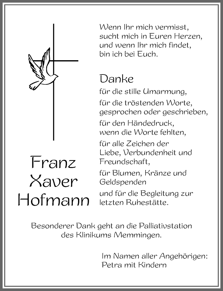  Traueranzeige für Franz Xaver Hofmann vom 21.12.2019 aus Memminger Zeitung