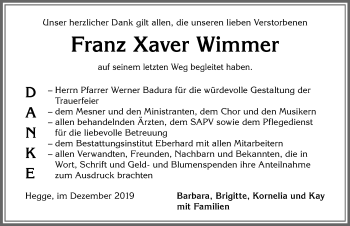 Traueranzeige von Franz Xaver Wimmer von Allgäuer Zeitung,Kempten