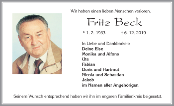 Traueranzeige von Fritz Beck von Allgäuer Zeitung, Füssen