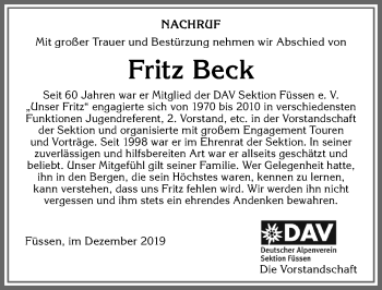 Traueranzeige von Fritz Beck von Allgäuer Zeitung, Füssen
