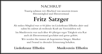Traueranzeige von Fritz Satzger von Der Westallgäuer