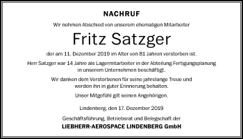 Traueranzeige von Fritz Satzger von Der Westallgäuer