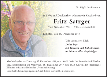 Traueranzeige von Fritz Satzger von Der Westallgäuer