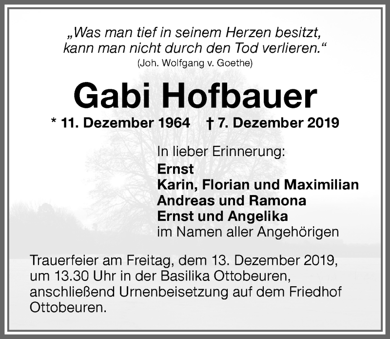  Traueranzeige für Gabi Hofbauer vom 11.12.2019 aus Memminger Zeitung