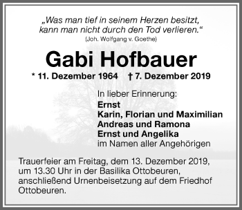 Traueranzeige von Gabi Hofbauer von Memminger Zeitung