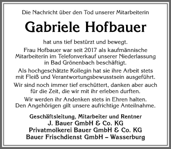 Traueranzeige von Gabriele Hofbauer von Memminger Zeitung