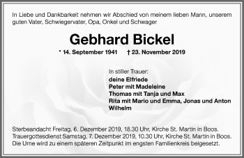 Traueranzeige von Gebhard Bickel von Memminger Zeitung