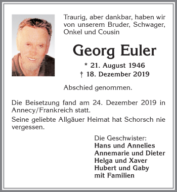 Traueranzeige von Georg Euler von Allgäuer Zeitung,Kempten