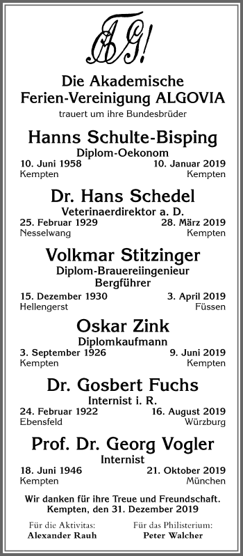Traueranzeige von Georg Vogler von Allgäuer Zeitung,Kempten