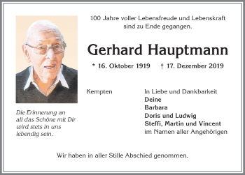 Traueranzeige von Gerhard Hauptmann von Allgäuer Zeitung,Kempten