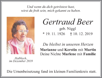 Traueranzeige von Gertraud Beer von Allgäuer Zeitung, Füssen