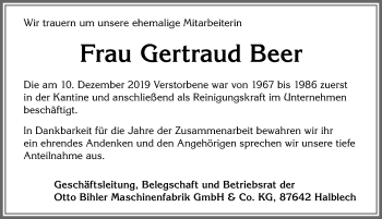 Traueranzeige von Gertraud Beer von Allgäuer Zeitung, Füssen