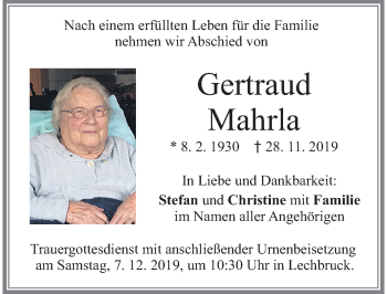 Traueranzeige von Gertraud Mahrla von Allgäuer Zeitung