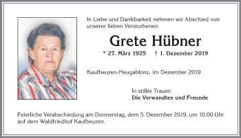 Traueranzeige von Grete Hübner von Allgäuer Zeitung, Kaufbeuren/Buchloe