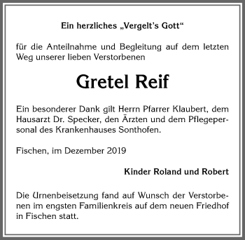 Traueranzeige von Gretel Reif von Allgäuer Anzeigeblatt