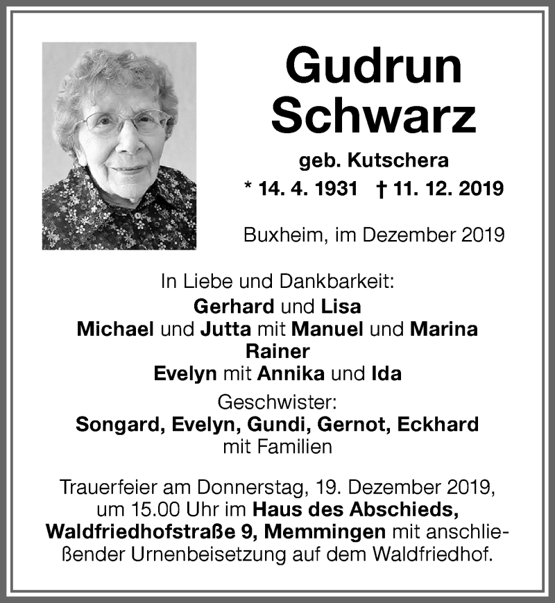  Traueranzeige für Gudrun Schwarz vom 17.12.2019 aus Memminger Zeitung