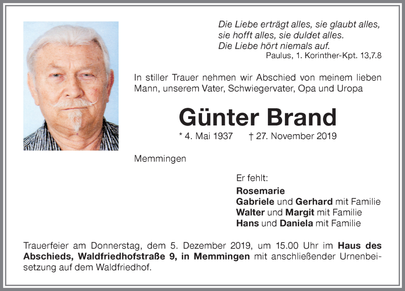  Traueranzeige für Günter Brand vom 03.12.2019 aus Memminger Zeitung