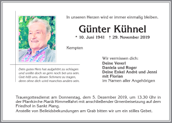 Traueranzeige von Günter Kühnel von Allgäuer Zeitung,Kempten