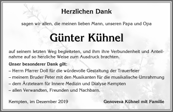 Traueranzeige von Günter Kühnel von Allgäuer Zeitung,Kempten