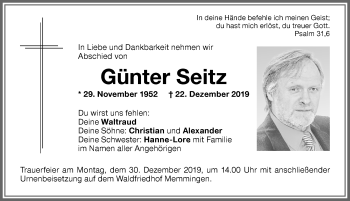 Traueranzeige von Günter Seitz von Memminger Zeitung