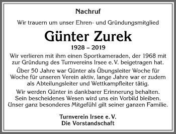 Traueranzeige von Günter Zurek von Allgäuer Zeitung, Kaufbeuren/Buchloe