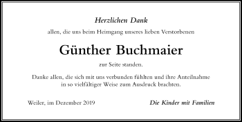 Traueranzeige von Günther Buchmaier von Der Westallgäuer