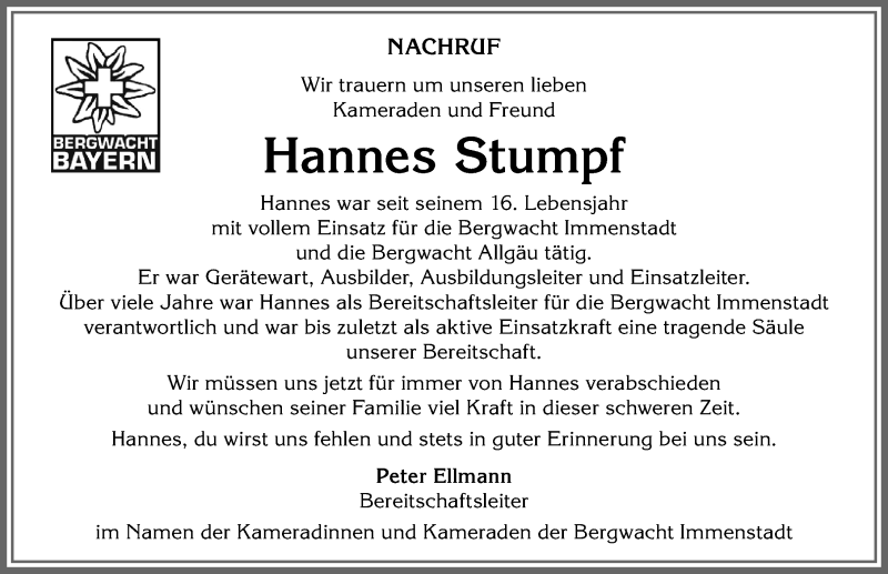  Traueranzeige für Hannes Stumpf vom 19.12.2019 aus Allgäuer Anzeigeblatt
