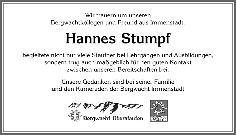  Traueranzeige für Hannes Stumpf vom 19.12.2019 aus Allgäuer Anzeigeblatt