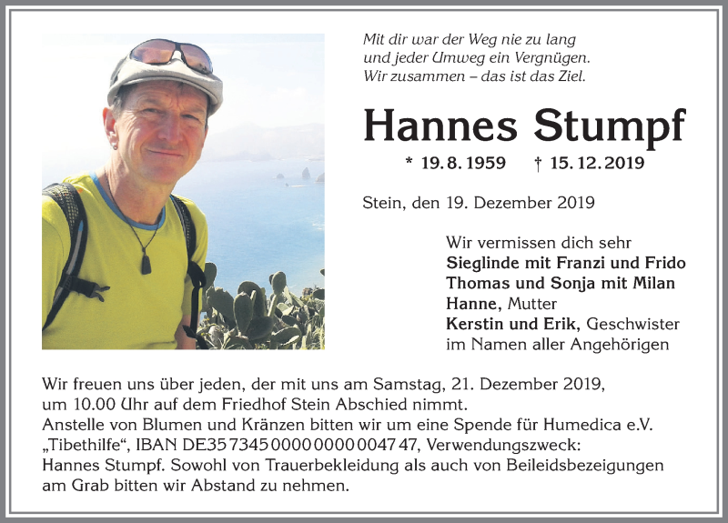  Traueranzeige für Hannes Stumpf vom 19.12.2019 aus Allgäuer Anzeigeblatt