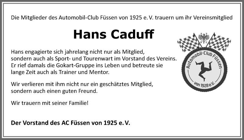 Traueranzeige für Hans Caduff vom 06.12.2019 aus Allgäuer Zeitung, Füssen