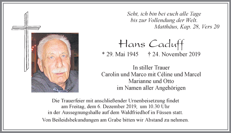  Traueranzeige für Hans Caduff vom 04.12.2019 aus Allgäuer Zeitung, Füssen