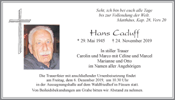 Traueranzeige von Hans Caduff von Allgäuer Zeitung, Füssen