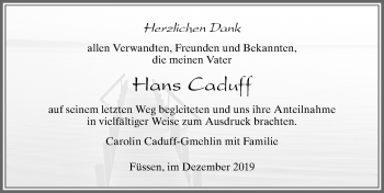 Traueranzeige von Hans Caduff von Allgäuer Zeitung, Füssen