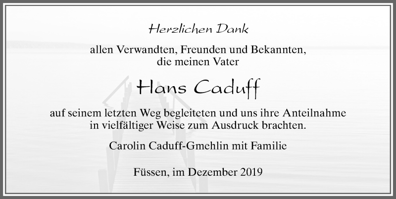  Traueranzeige für Hans Caduff vom 14.12.2019 aus Allgäuer Zeitung, Füssen