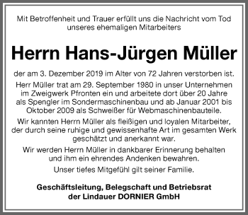 Traueranzeige von Hans-Jürgen Müller von Allgäuer Zeitung, Füssen