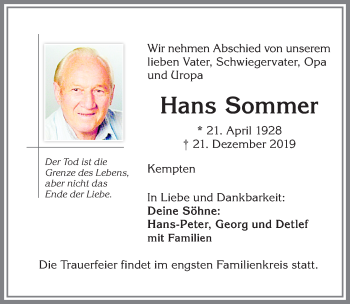 Traueranzeige von Hans Sommer von Allgäuer Zeitung,Kempten