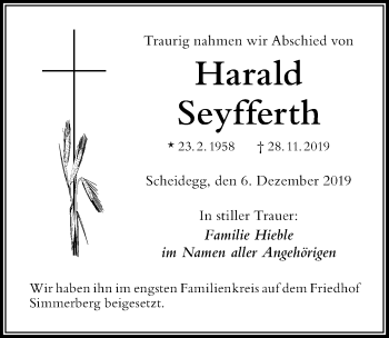 Traueranzeige von Harald Seyfferth von Der Westallgäuer