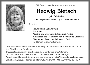 Traueranzeige von Hedwig Bietsch von Allgäuer Zeitung,Kempten