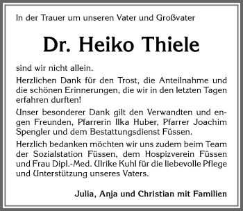 Traueranzeige von Heiko Thiele von Allgäuer Zeitung, Füssen