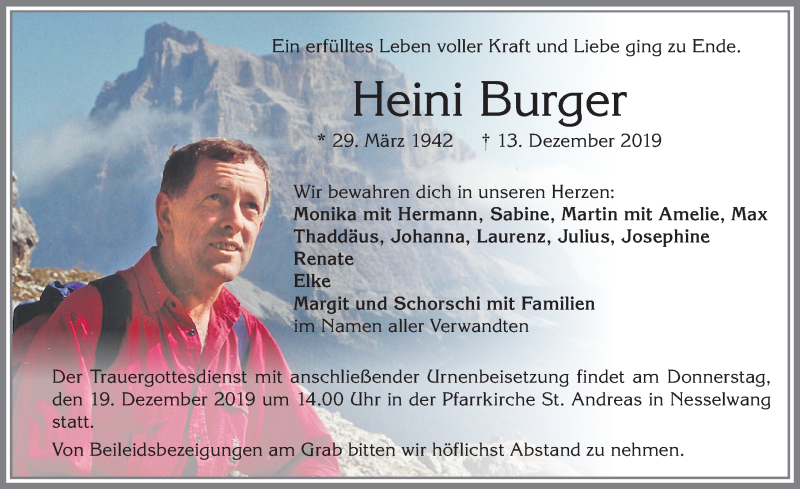  Traueranzeige für Heini Burger vom 16.12.2019 aus Allgäuer Zeitung