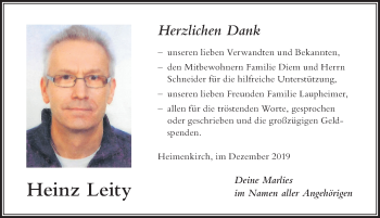 Traueranzeige von Heinz Leity von Der Westallgäuer